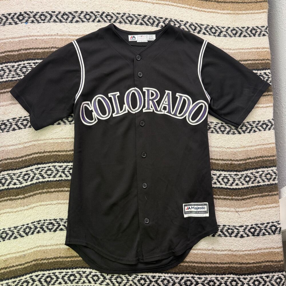 Men's Majestic Colorado Rockies Black Purple MLB Baseball Jersey Shirt Sz Small